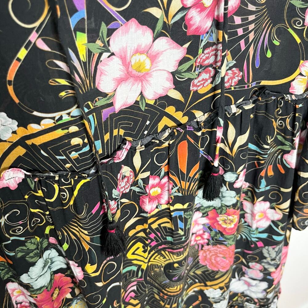 Johnny Was Womens Peace Ruffle Tiered Dress Medium Black Floral V Neck Boho - Picture 9 of 12